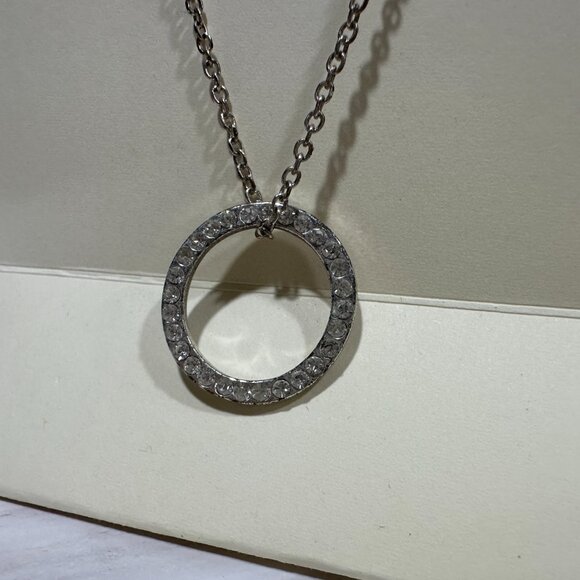Silver-Tone Circle Pendant Necklace with Crystals – 21" Chain - Picture 4 of 4